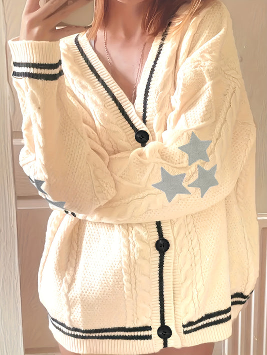  Stripe & Star Print Button Up Long Sleeve Cardigan
