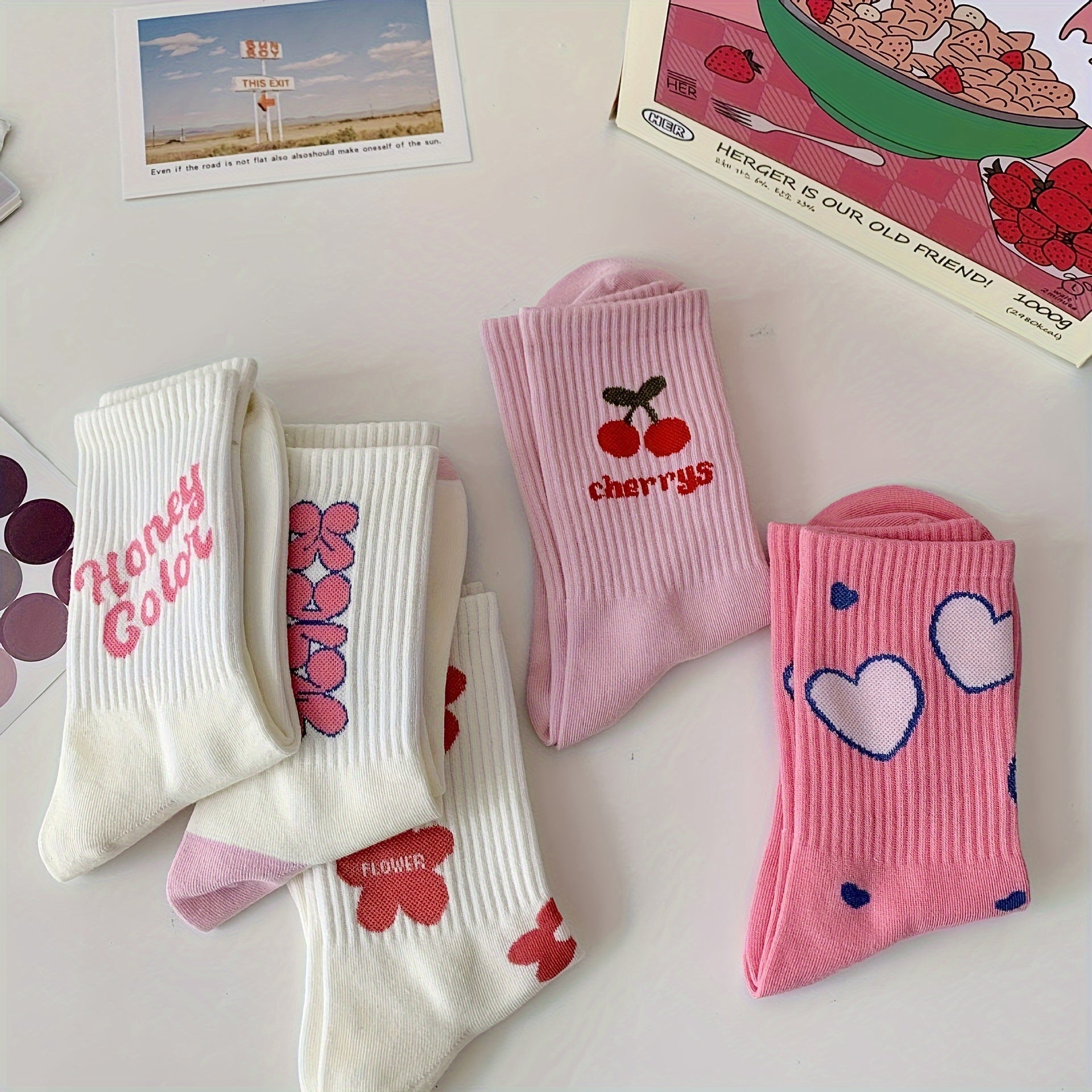 5 Pairs Letter & Heart Print Socks Women's Stockings
