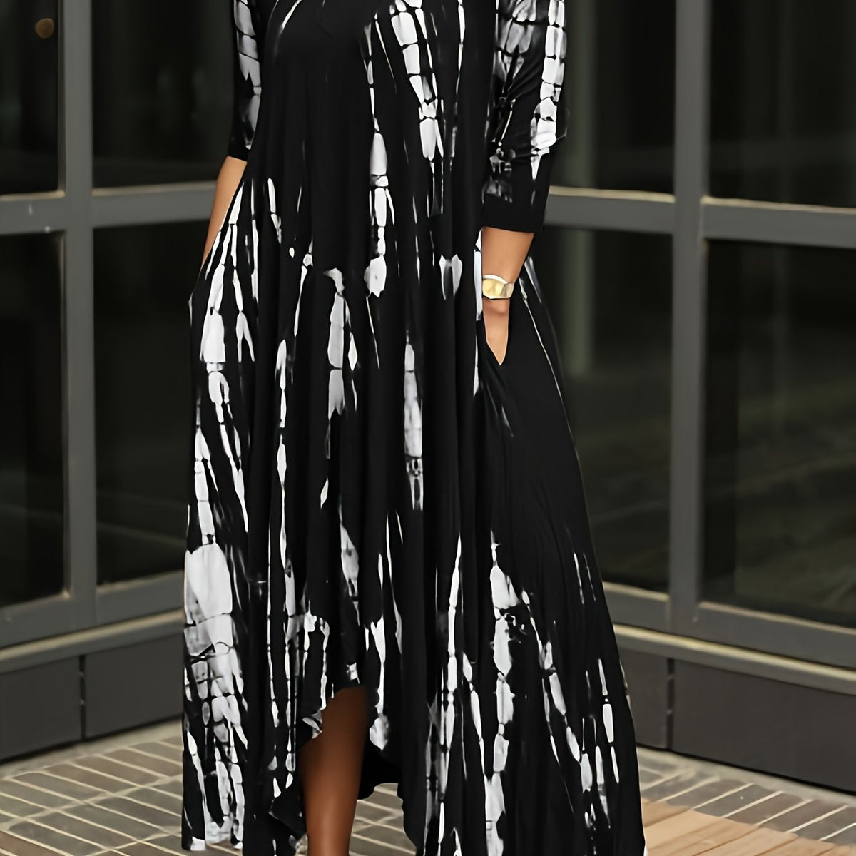  Tie Dye Long Sleeve Maxi Dress Round Neck