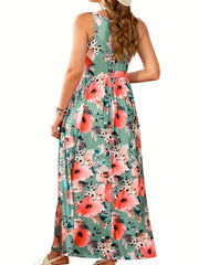 Plus Floral Print Round Neck Medium Stretch Ruched Tank Dress