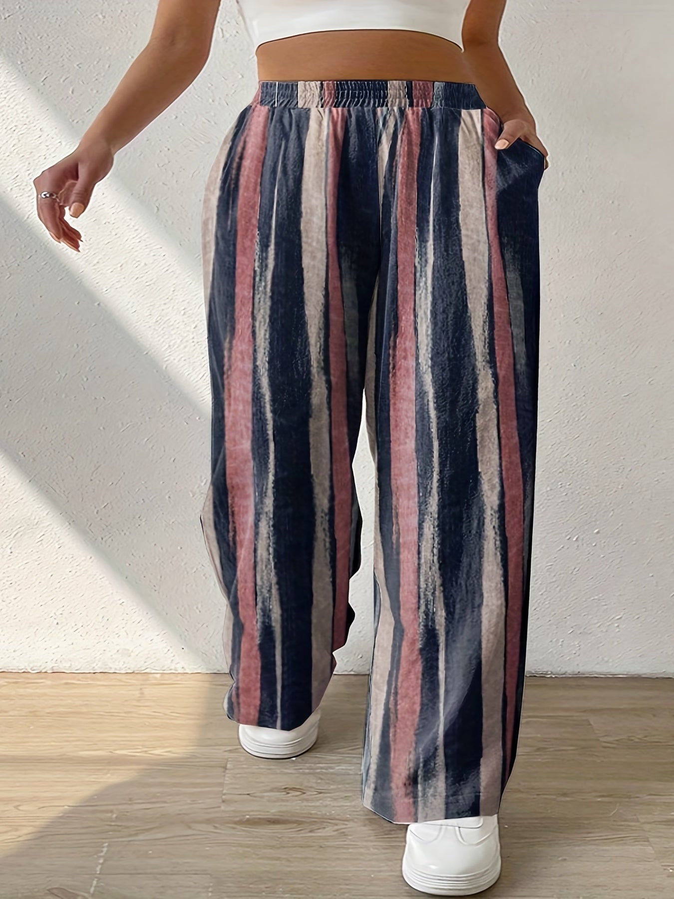  Elastic High Rise Wide Leg Trousers With Pockets
