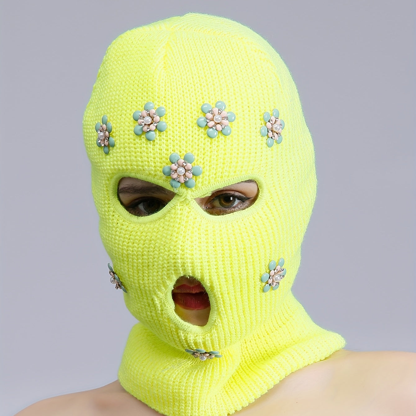 Green Rhinestone Flower Balaclava Y2K Ski Mask