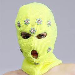 Green Rhinestone Flower Balaclava Y2K Ski Mask