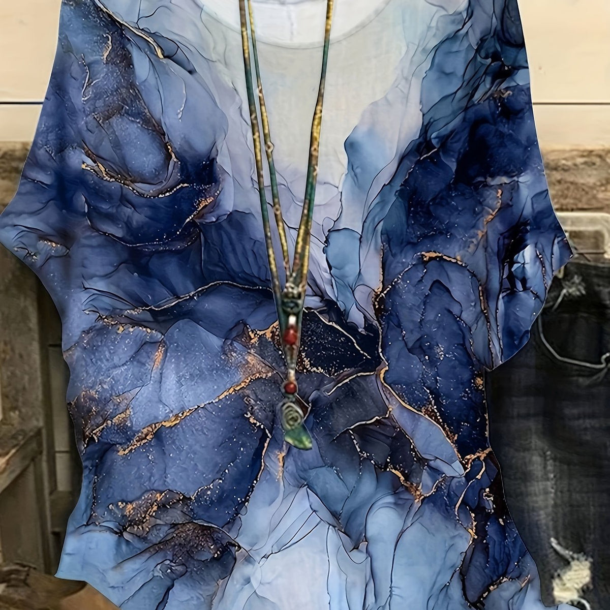  Glitter Marble Print Round Neck Top