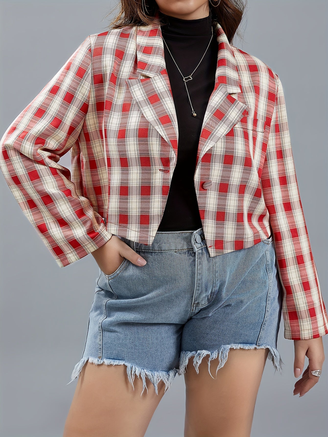  Casual Blazer Women's Plus Plaid Print Long Sleeve Lapel Collar Blazer