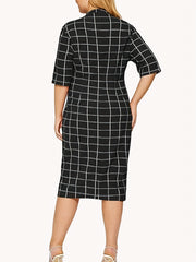  Grid Print Half Sleeve Round Neck Slim Fit Knee Length Dress