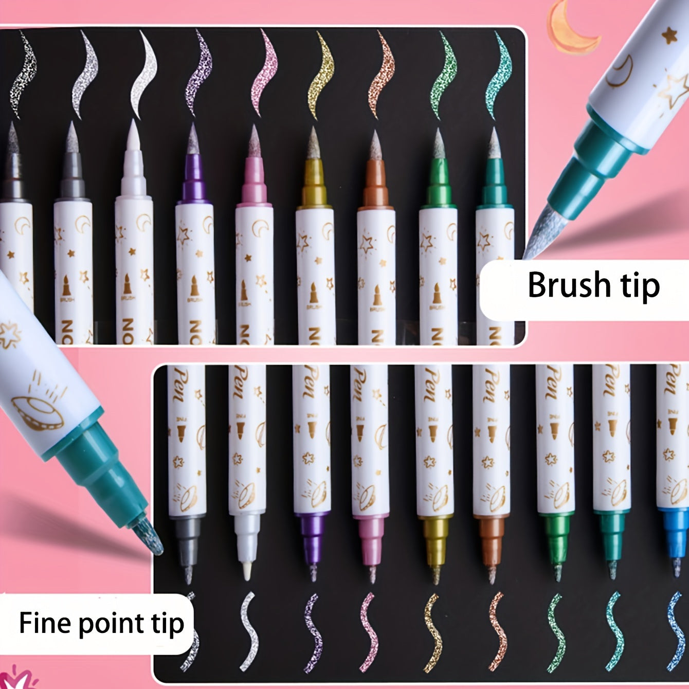 10pcs Metallic Glitter Marker Pens Dual Tip Brush And Fine Point Pens