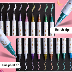 10pcs Metallic Glitter Marker Pens Dual Tip Brush And Fine Point Pens