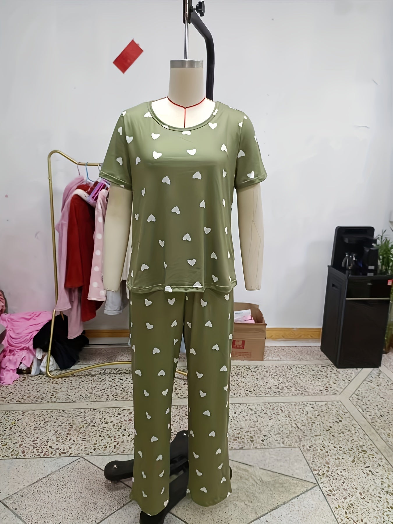 Heart Print Pajama Set Short Sleeve Round Neck Top & Elastic Waistband Pants