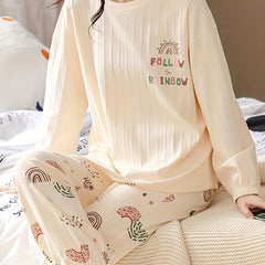 Rainbow Print Pajama Set Long Sleeve Top & Pants Women's Sleepwear