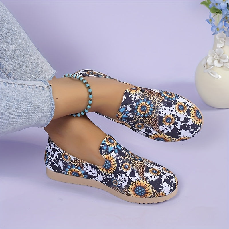 Women's Sunflower Print Flat Shoes Round Toe Slip On Shoes