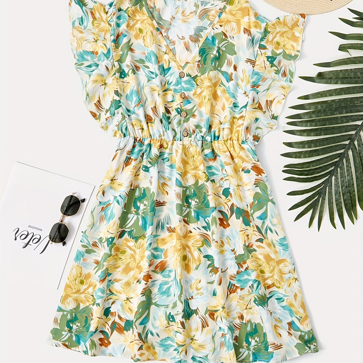  Floral Print Ruffle Sleeve V Neck Dress