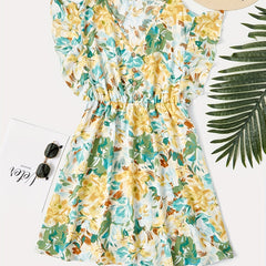  Floral Print Ruffle Sleeve V Neck Dress