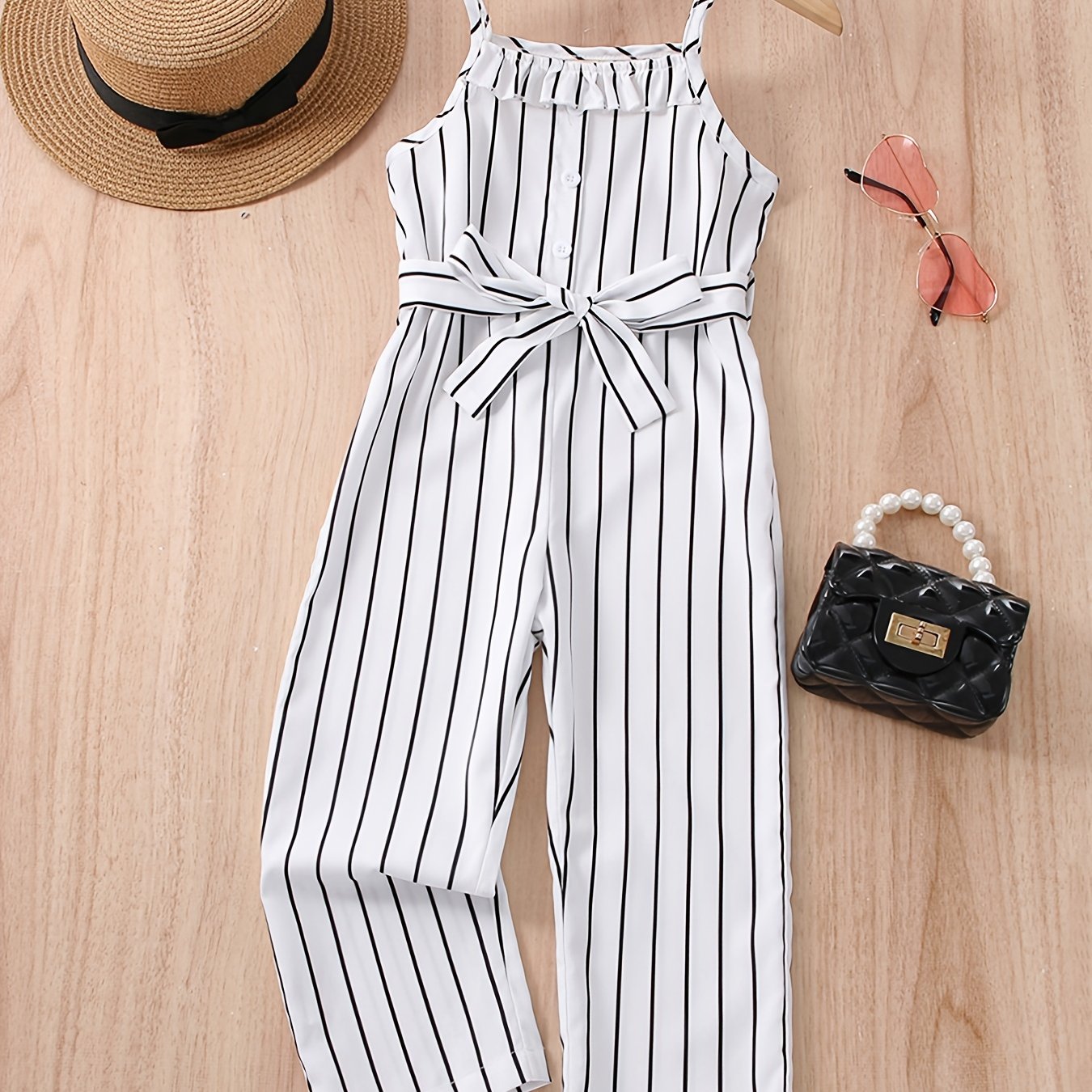 Girls Striped Ruffle Trim Button Belted Cami Jumpsuit Romper
