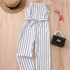 Girls Striped Ruffle Trim Button Belted Cami Jumpsuit Romper