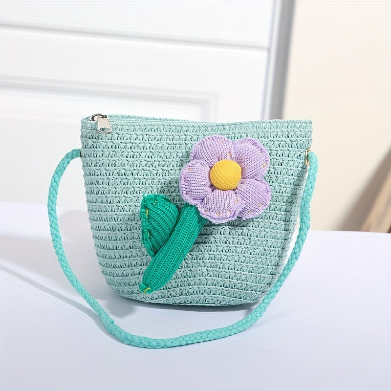 Kids Flower Decor Coin Purse Straw Woven Crossbody Bag