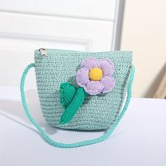 Kids Flower Decor Coin Purse Straw Woven Crossbody Bag