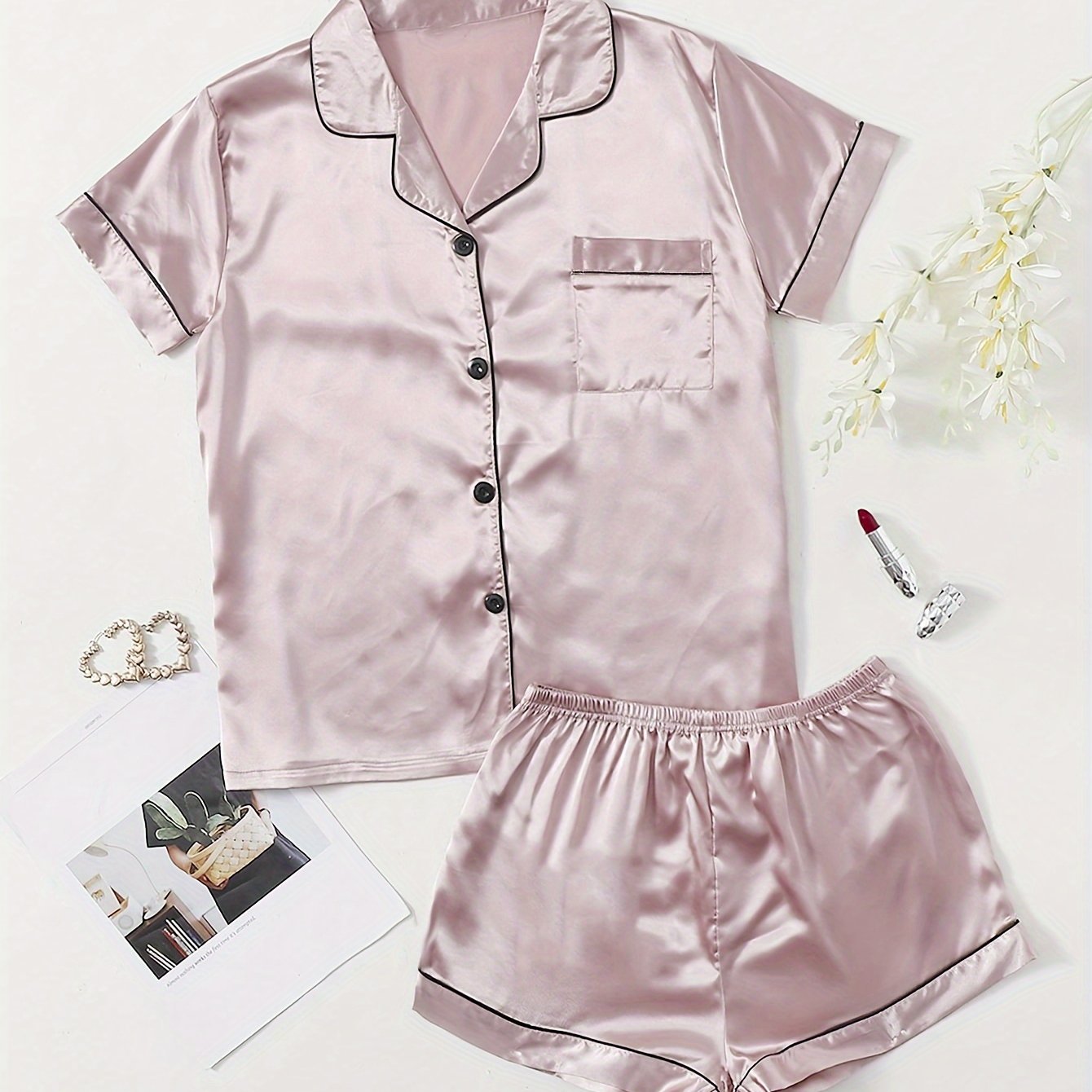 Satin Pajama Set Short Sleeve & Shorts Women's Sleepwear
