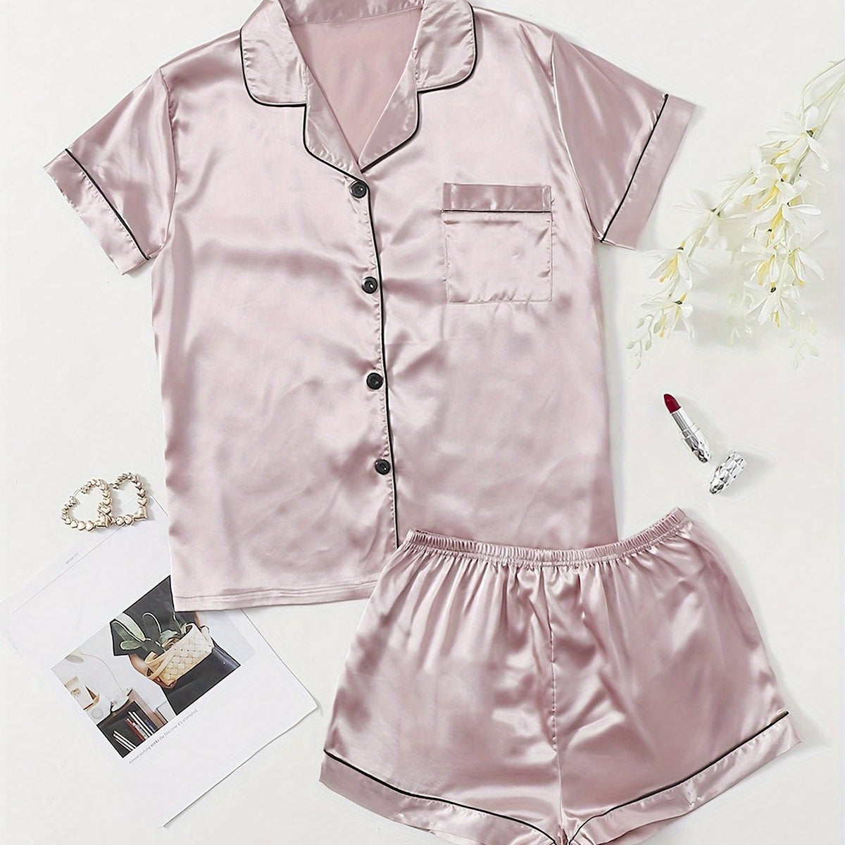 Satin Pajama Set Short Sleeve & Shorts Women's Sleepwear
