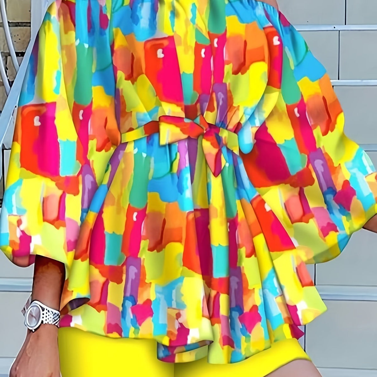  Off Shoulder Top & Shorts Set With Belt