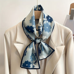 Flower Print Long Scarf Satin Ribbon Neckerchief Classic Twilly Scarf