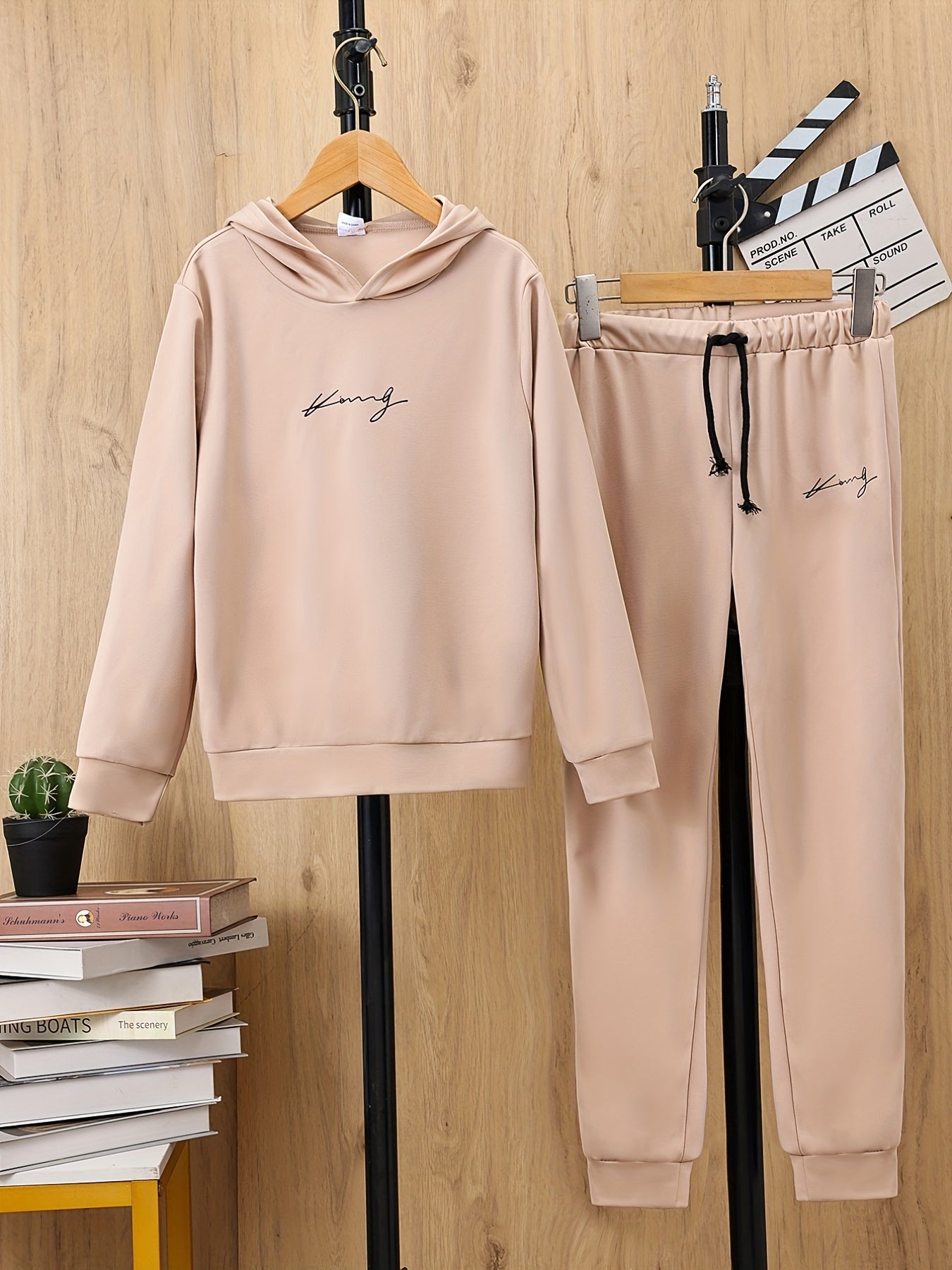 Boys 2pcs Hoodie & Pants Set Alphabet Print Solid Long Sleeve Pullover Top