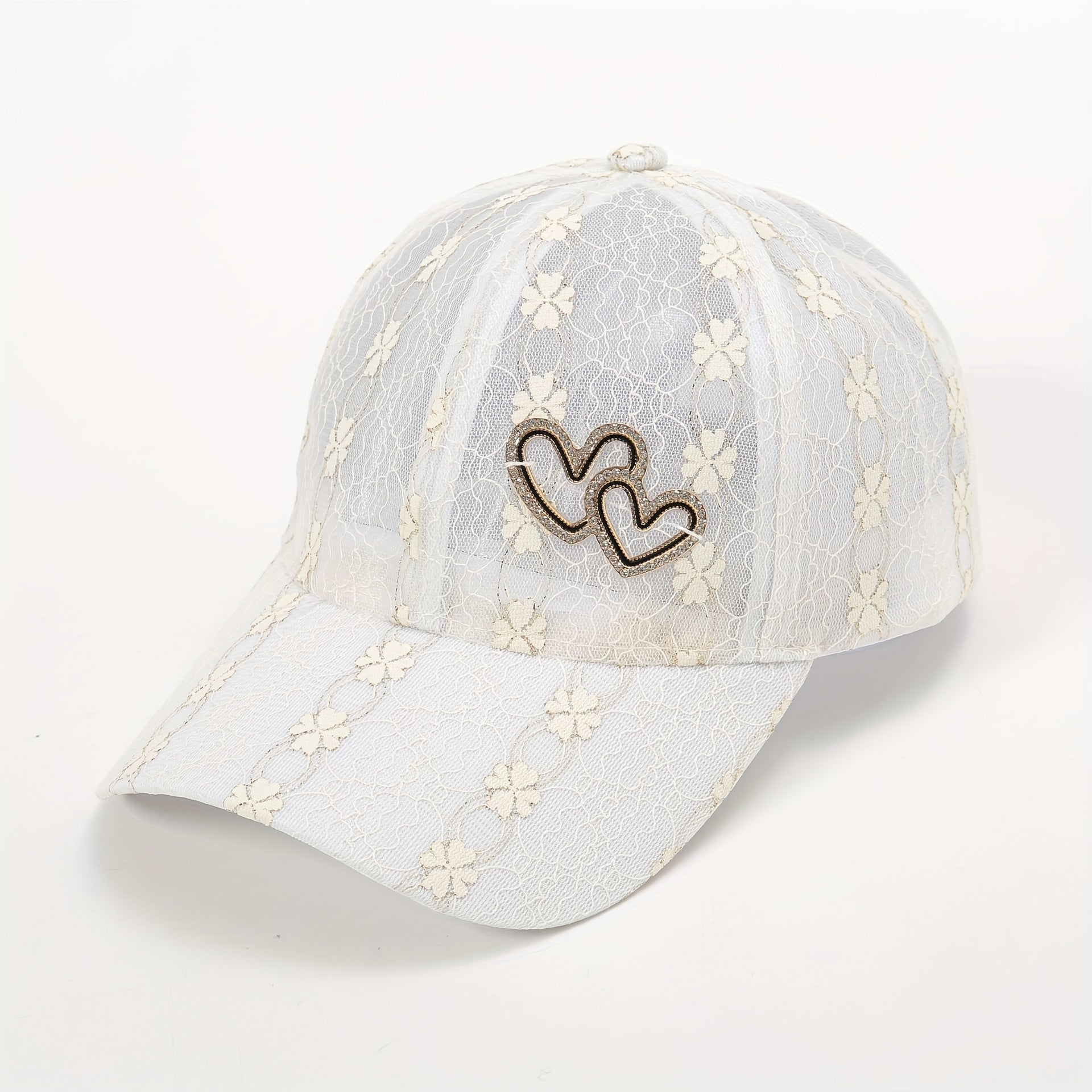 Lace Floral Embroidered Baseball Cap Heart Label Mesh Overlay Breathable Sun Hat