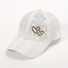 Lace Floral Embroidered Baseball Cap Heart Label Mesh Overlay Breathable Sun Hat