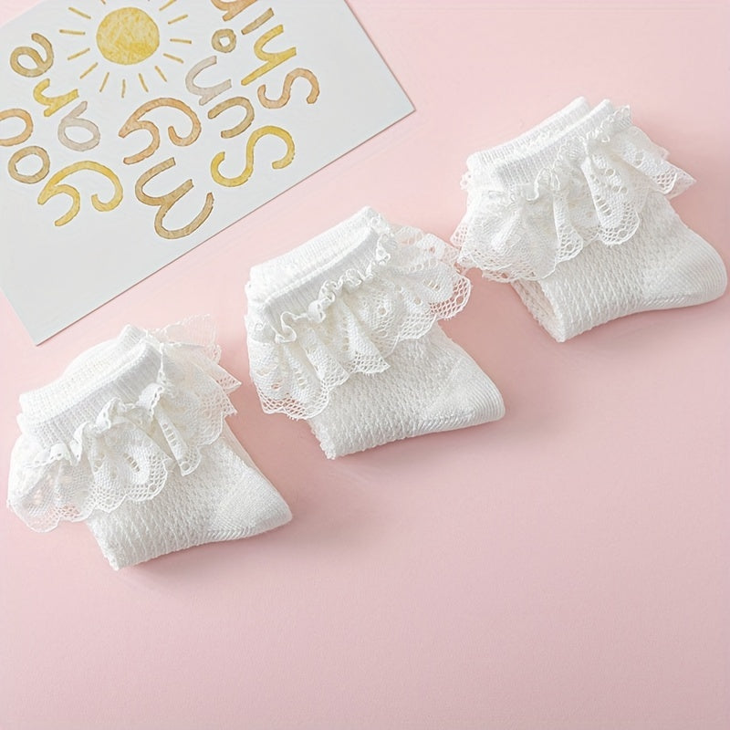 3 Pairs Lace Trim Socks for Baby Girls - Breathable & Comfortable
