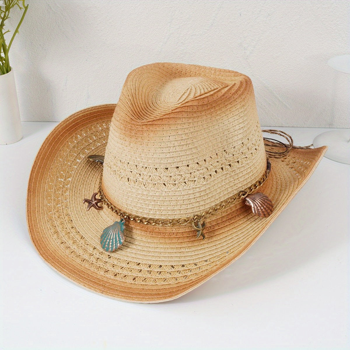 Western Cowboy Hat with Shell Flower Calf Head Chain Belt