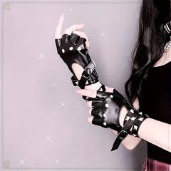 Punk PU Leather Half Finger Gloves Rivet Gothic Hollow Out Gloves Women