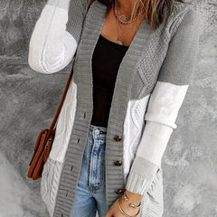  Colorblock Button Up Long Sleeve Sweater Cardigan
