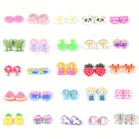 25 Pairs Hypoallergenic Cartoon Animal Earrings for Girls
