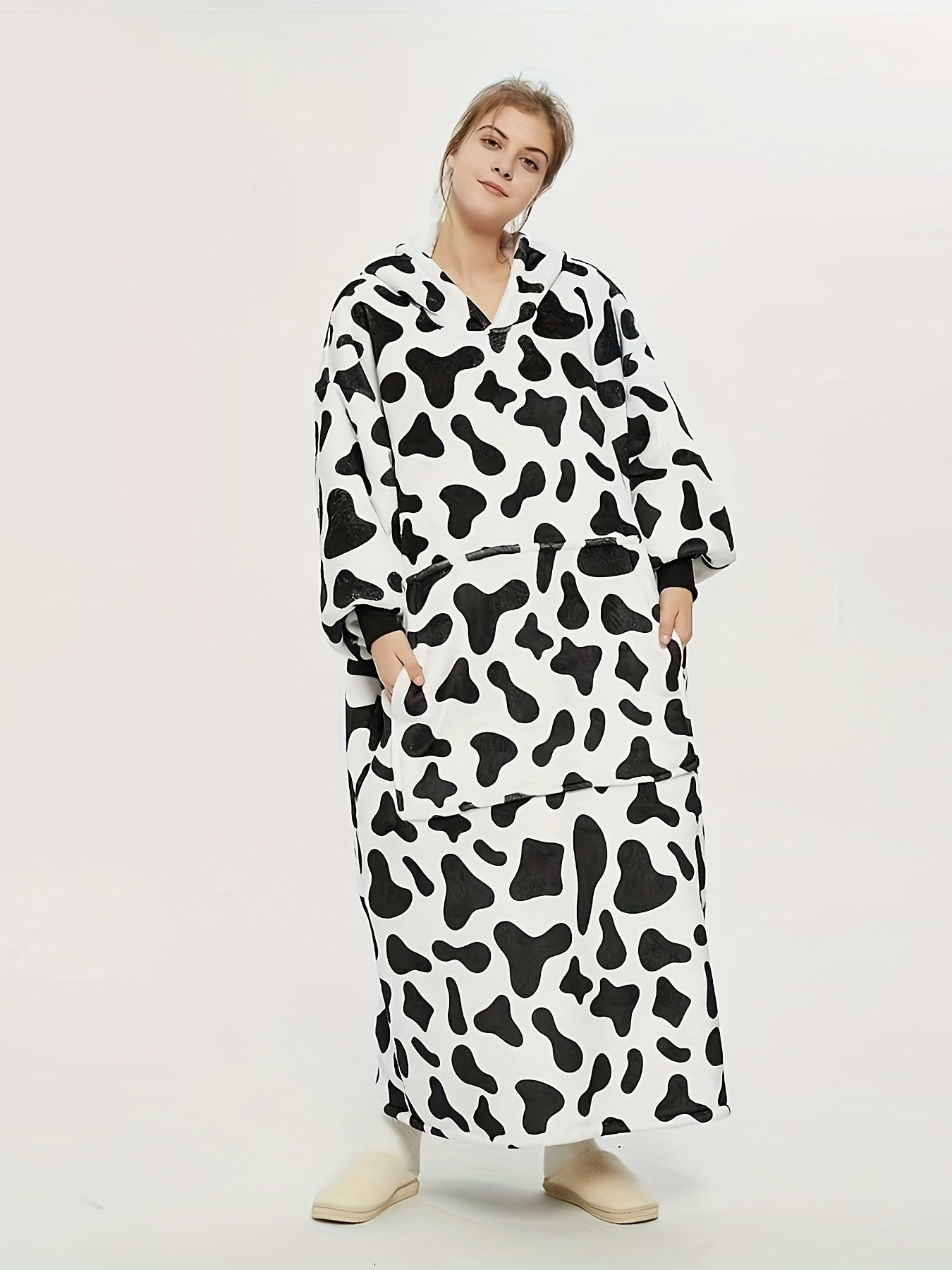 Cow Print Hooded Sherpa Fleece Robe Plus Size