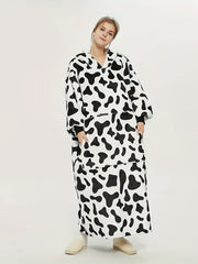 Cow Print Hooded Sherpa Fleece Robe Plus Size