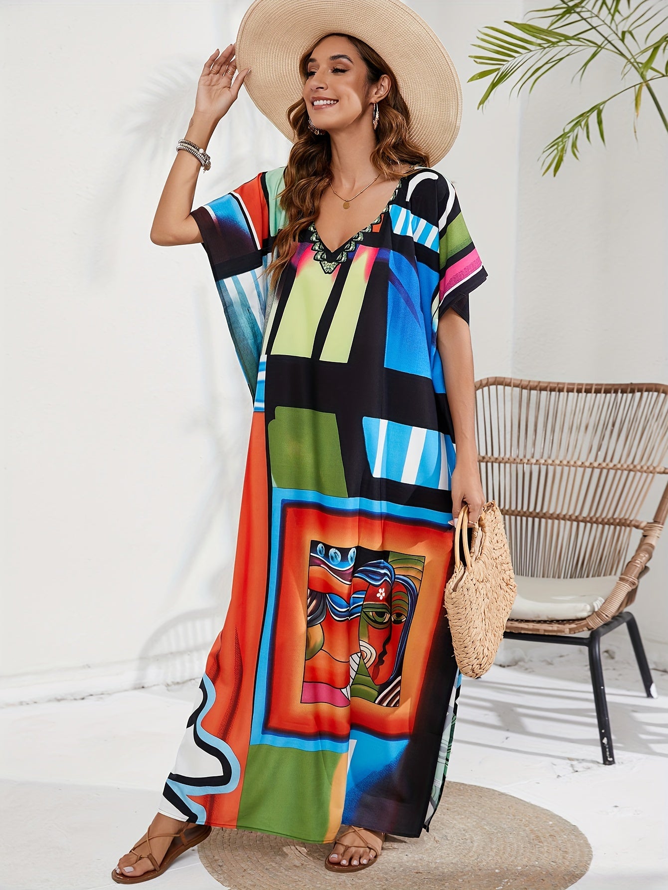  Geo Print Batwing Sleeve V-Neck Split Kaftan Cover Up