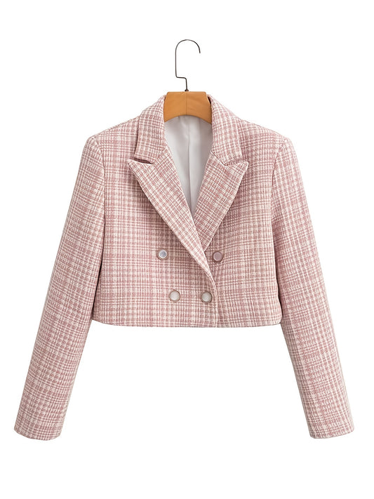 Gingham Crop Blazer V neck Long Sleeve