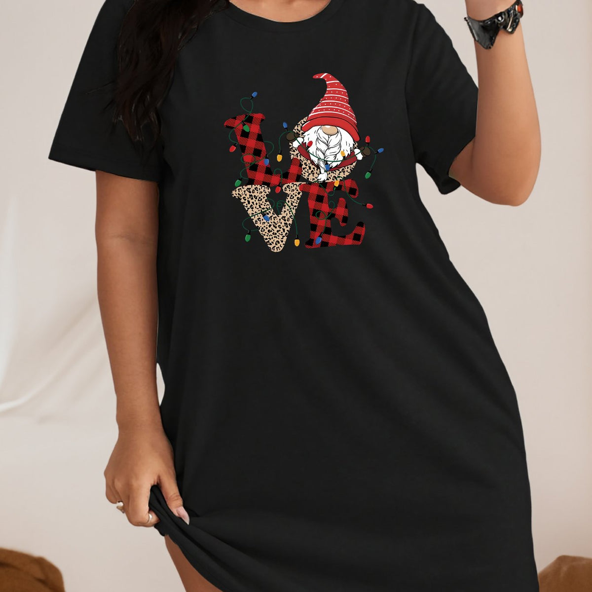  Christmas Lounge Dress with Gnome & Plaid Print Tee Nightdress