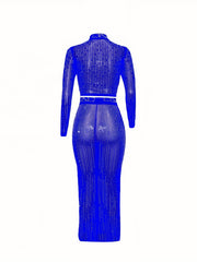 Party Rhinestone 2pc Set Bodycon Crop Top & High Waist Skirt