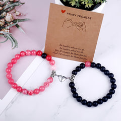 Crackle Beaded Bracelet Set Magnetic Heart Pendant Matte Beaded Couples Bracelet