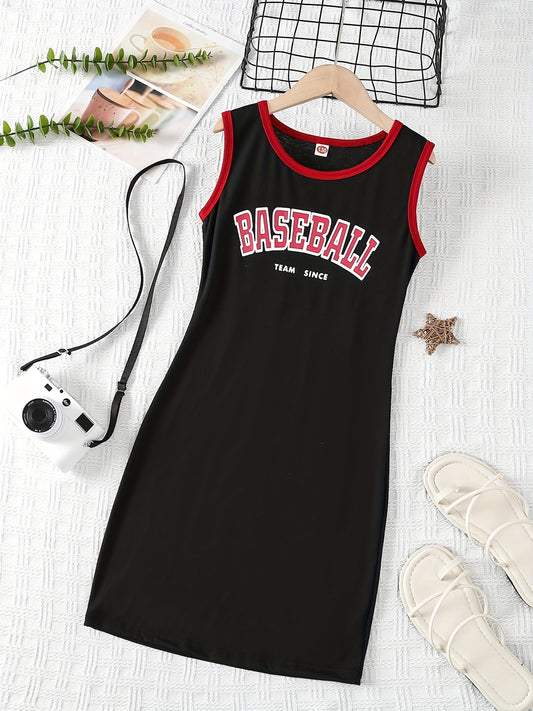 Girls Casual Dress ''Basketball'' Letter Ribbed Knit Sleeveless T Shirt Dress