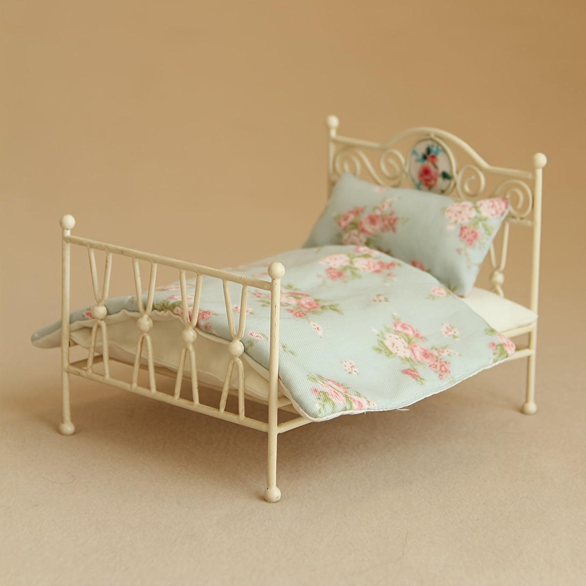 Vintage Iron Bed w/ Floral Headboard & Pink Blanket