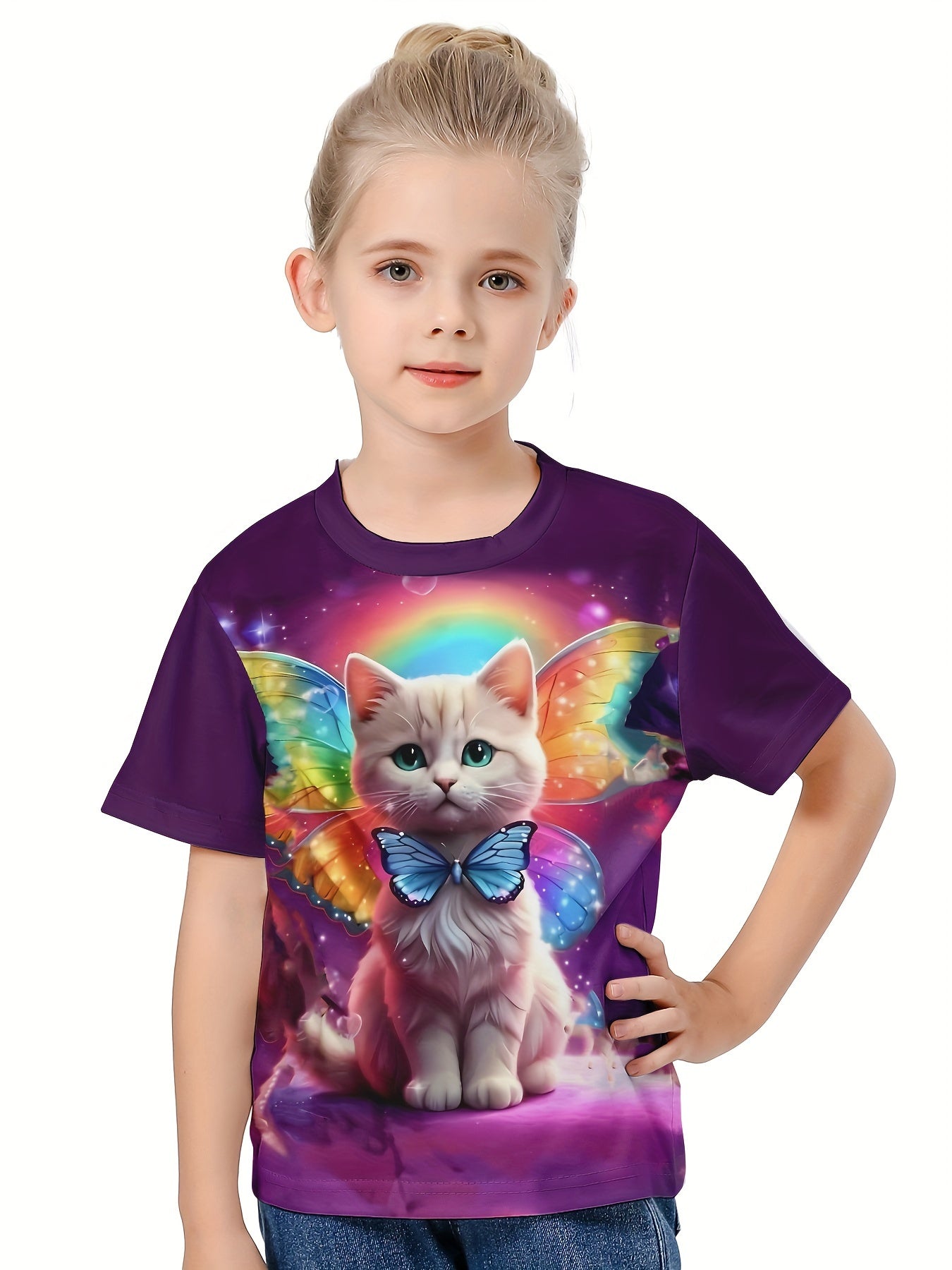 3D Rainbow Cat With Wings Print T shirt for Summer Sports