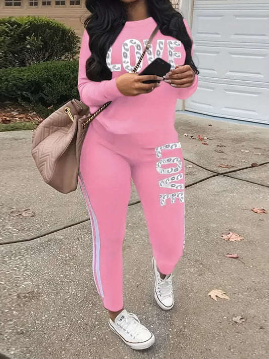 Women's Plus Art Letter Print Top & Joggers Outfits Set