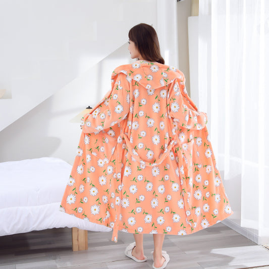 Flower Printed Long Sleeve Bathrobe with Hood for Women