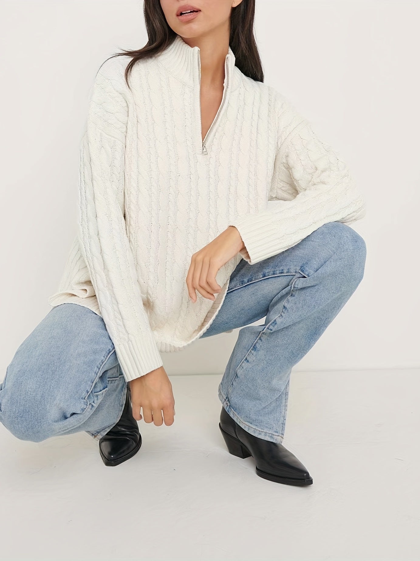  Solid Cable Zip Up Sweater