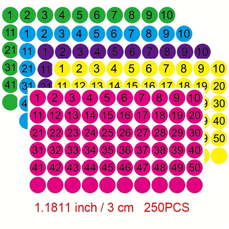 250 Round Number Stickers 1-50 Pack, Marker Sign Stickers