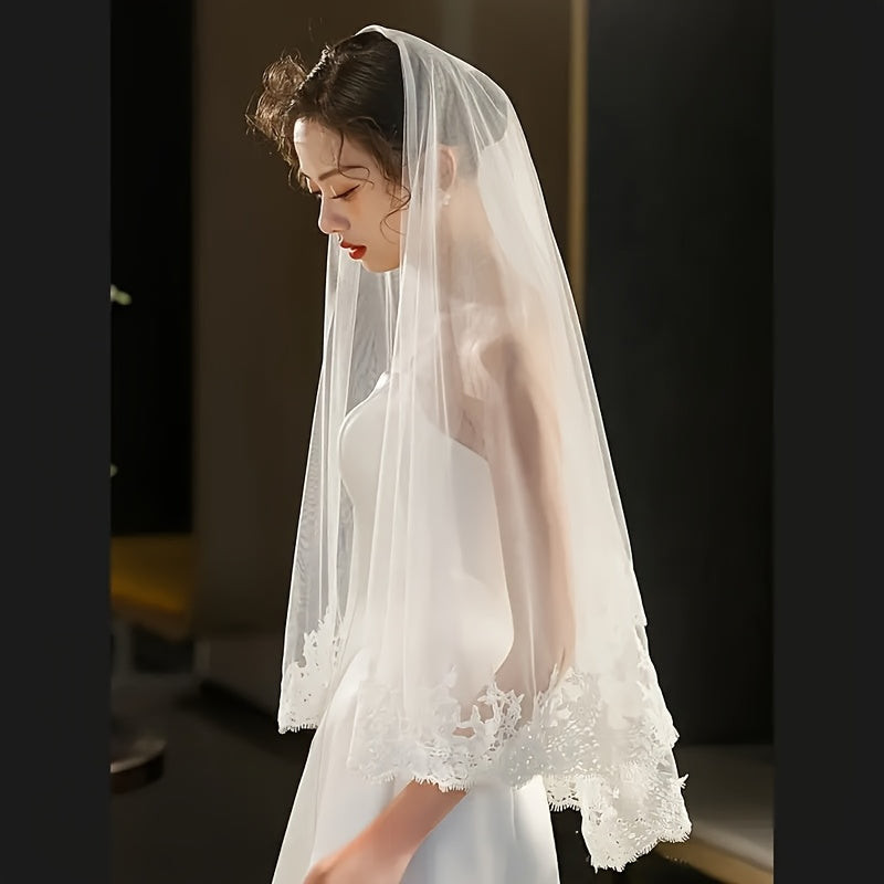 Bridal Veil with Embroidered Floral Tulle Overlay for Weddings