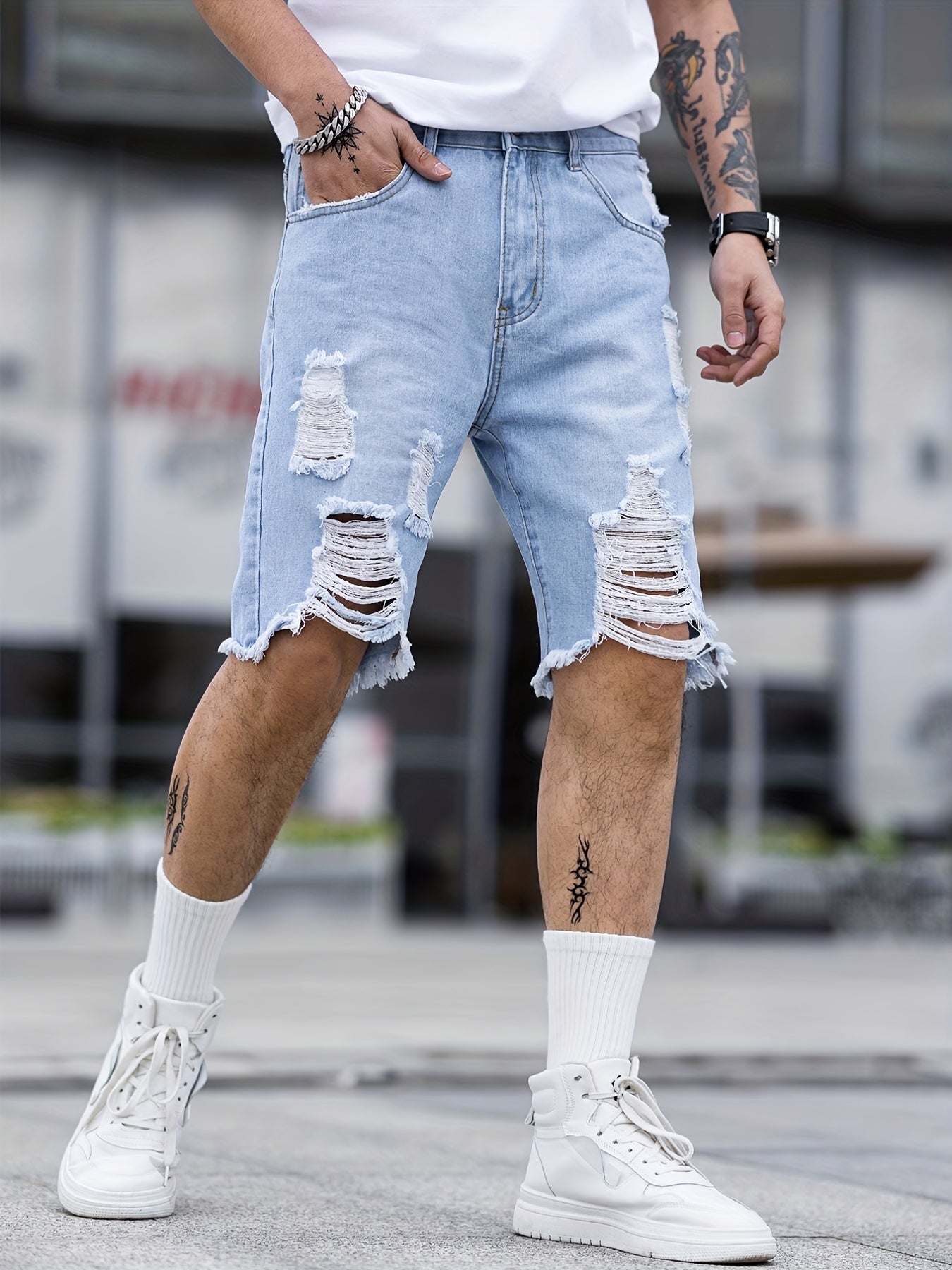 Men's Ripped Denim Shorts Casual Loose Fit Distressed Jean Shorts