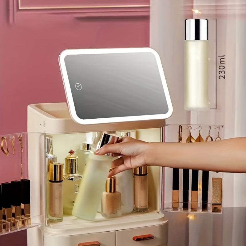 Large Cosmetic Storage Box with Mirror - Home and Travel Organizer
